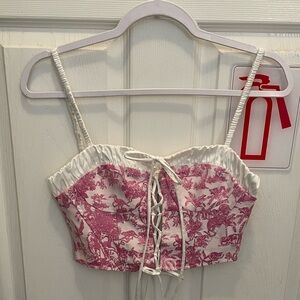 White & Pink Toile Lace-Up Crop Top